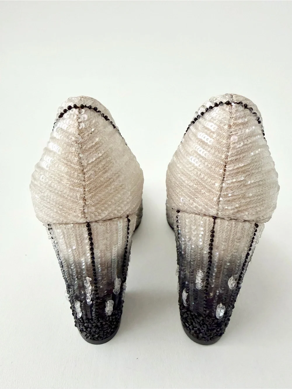 CHANEL | Vintage Sequin Embellished Pumps Black Ivory Gradient Heels 2009 EU 39